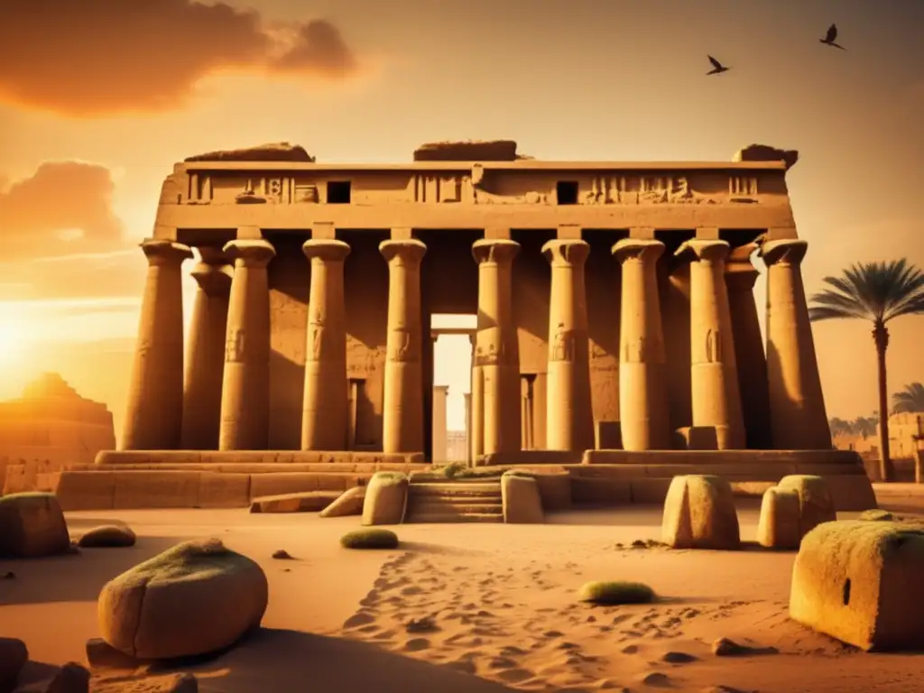 Imponente templo egipcio en ruinas, con paredes y columnas de piedra desmoronadas, cubiertas de arena y musgo