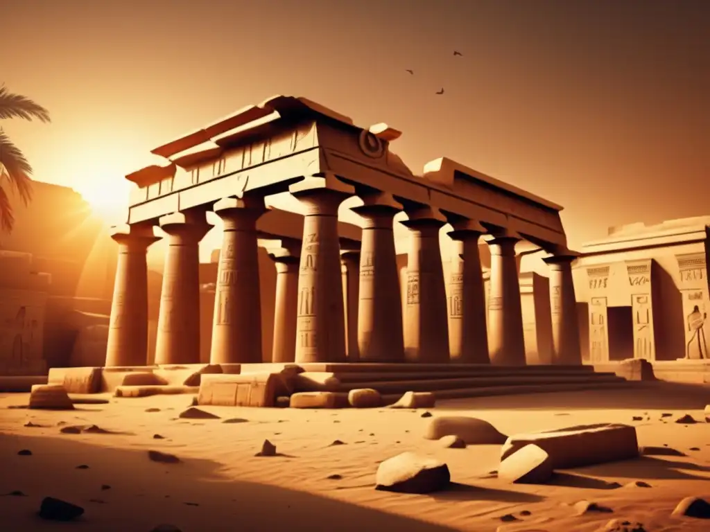 Imponente templo egipcio en ruinas al atardecer, con detalles de la dinastía ramésida