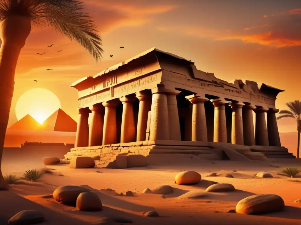 Imponente templo del Periodo Tardío de Egipto, con inscripciones jeroglíficas y un atardecer ardiente que ilumina la antigua estructura
