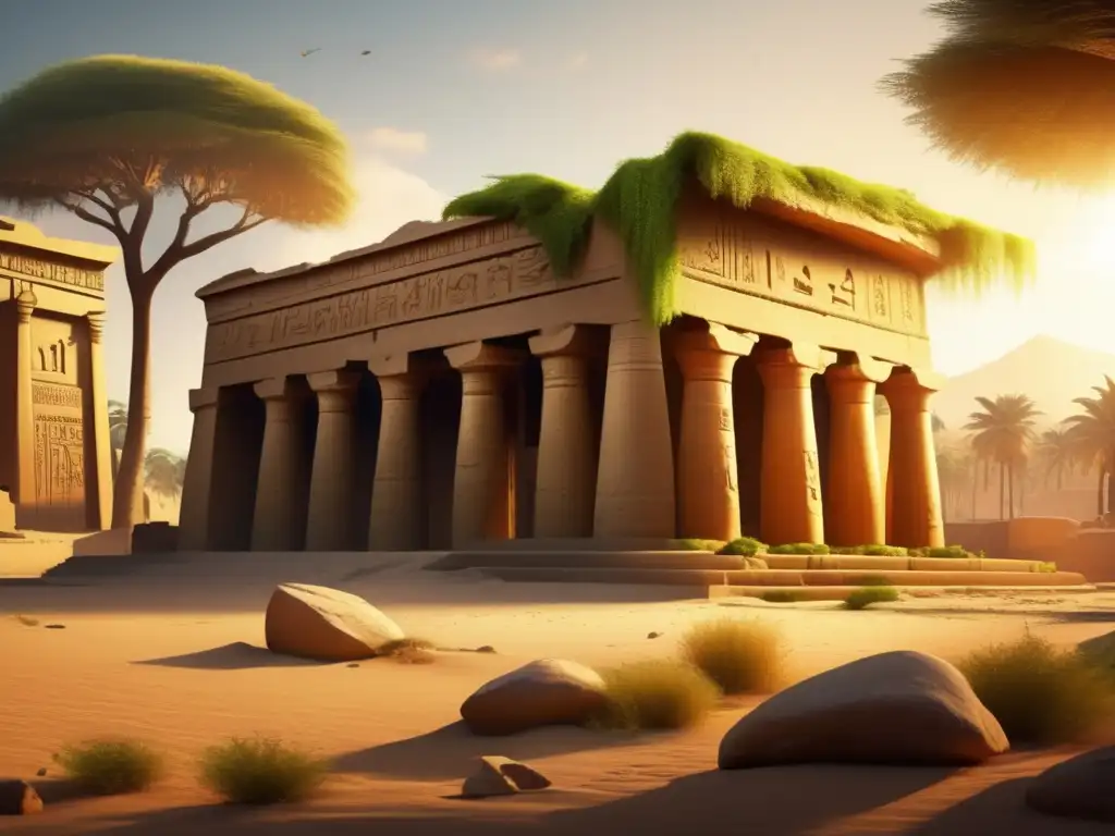 Imponente templo en ruinas del Primer Periodo Intermedio Antiguo Egipto, bañado en cálida luz dorada