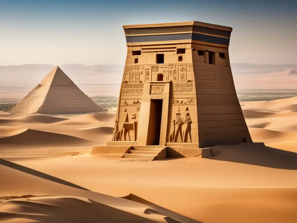 Imponente torre de vigilancia militar egipcia emerge en el desierto, con intrincados relieves y vista panorámica