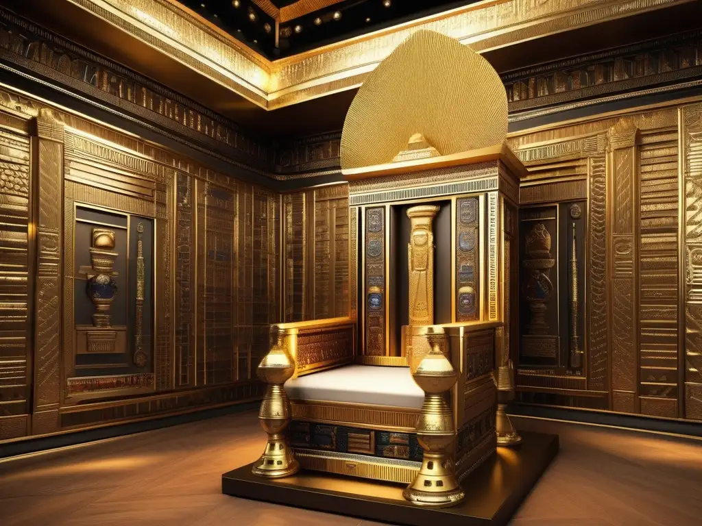 Imponente trono dorado de Tutankamón, con diseño detallado y ornamental