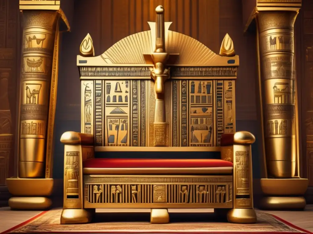 Imponente trono egipcio de madera dorada, con intrincados grabados y símbolos que representan el poder y la autoridad del faraón