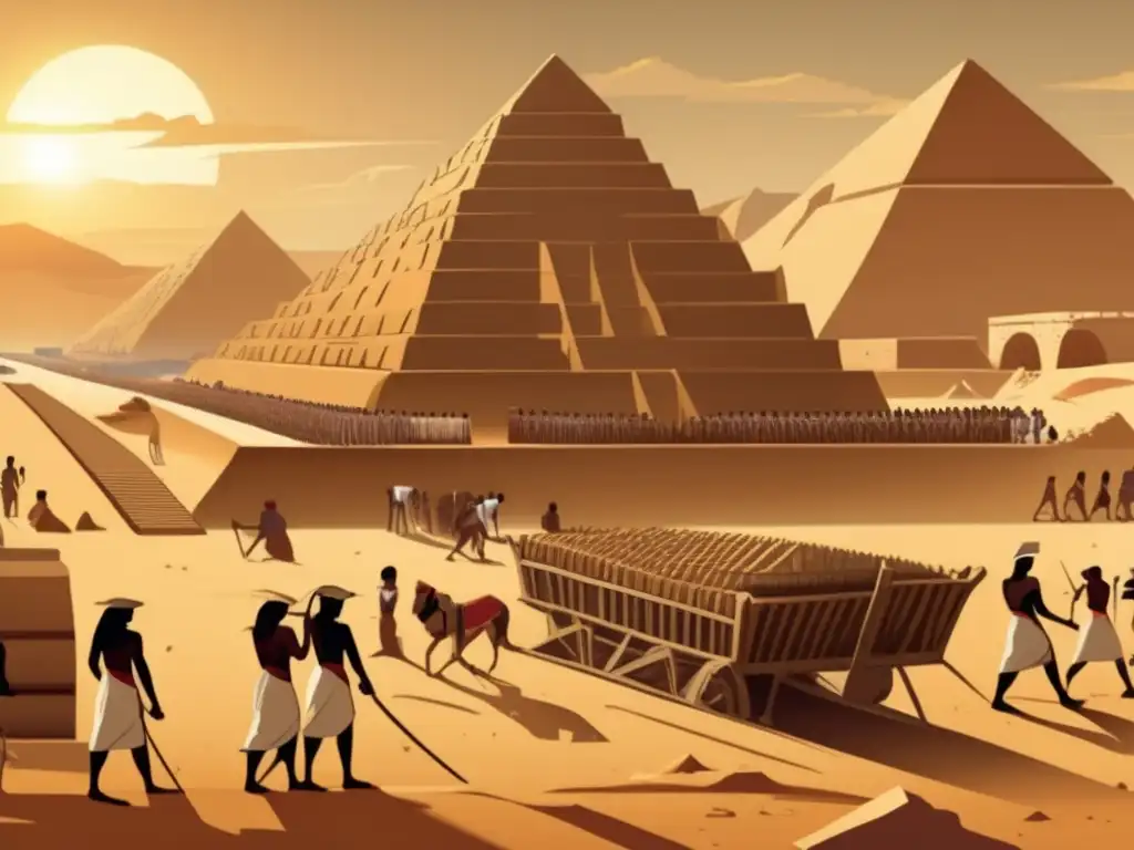 Imponente ilustración vintage que muestra la construcción de una pirámide egipcia