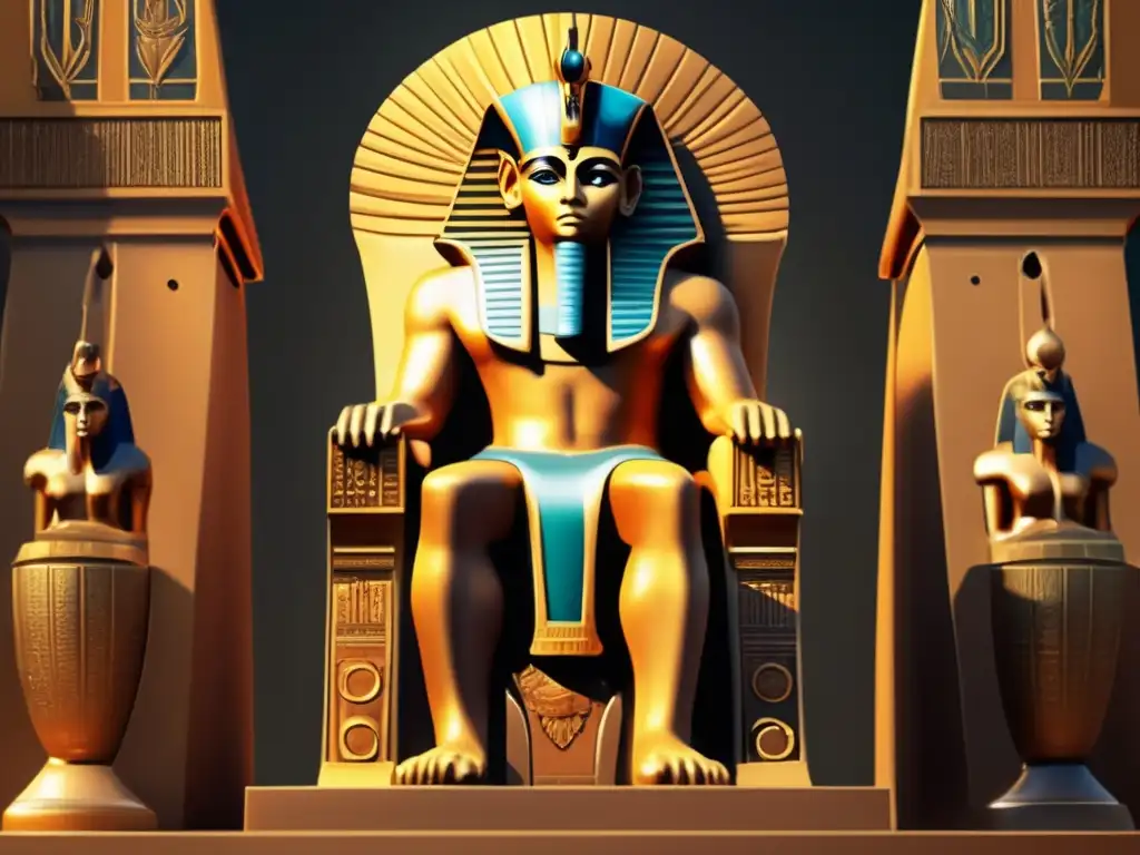 Imponente ilustración vintage de Set, dios egipcio del caos, sentado en un trono dorado