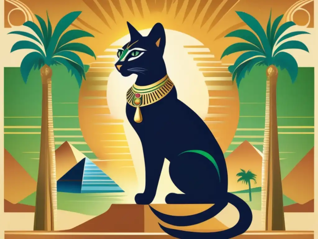 Imponente ilustración vintage de la diosa egipcia Bastet, figura felina regia y poderosa