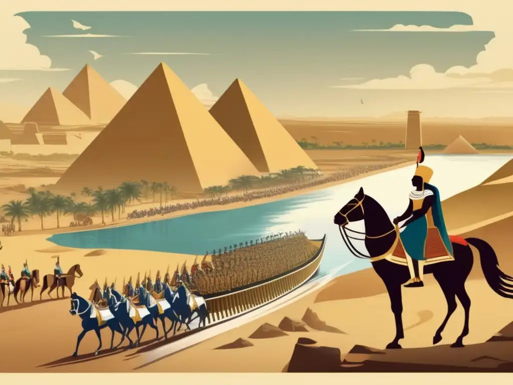 Imponente ilustración vintage del Imperio Medio de Egipto, con el faraón en su carro de guerra y un ejército marchando