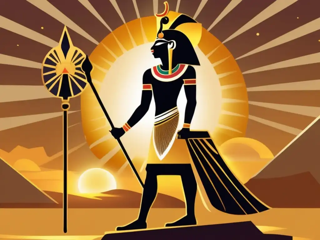 La imponente ilustración de inspiración vintage muestra al poderoso dios del sol Ra, de pie en un carro dorado, irradiando intensos rayos de luz que iluminan el paisaje antiguo egipcio