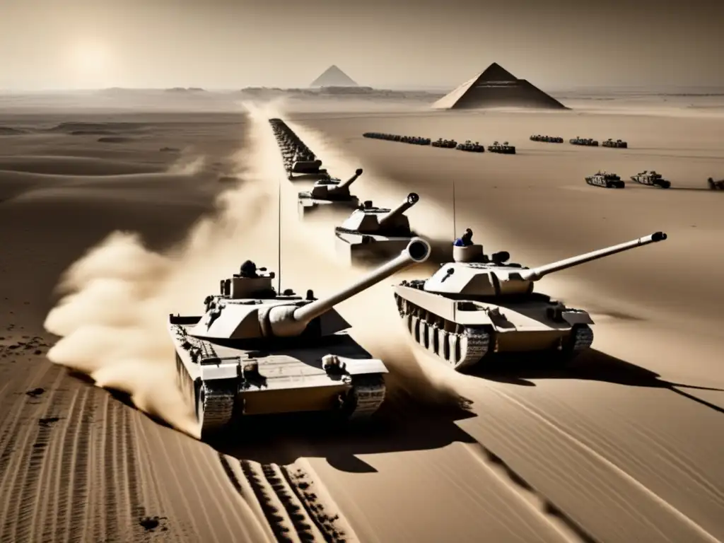 Imponentes carros militares egipcios avanzan en formación por el desierto, dejando huellas en la arena