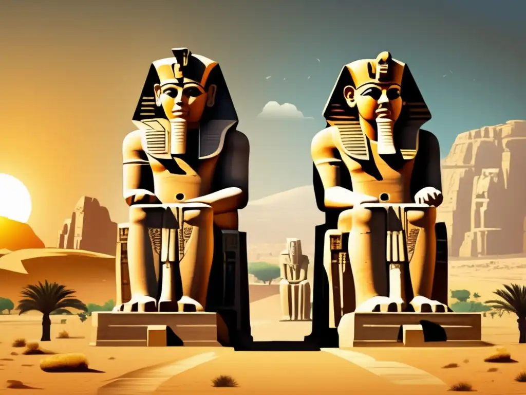 Imponentes colosos de Memnón en Egipto, detallados y vintage
