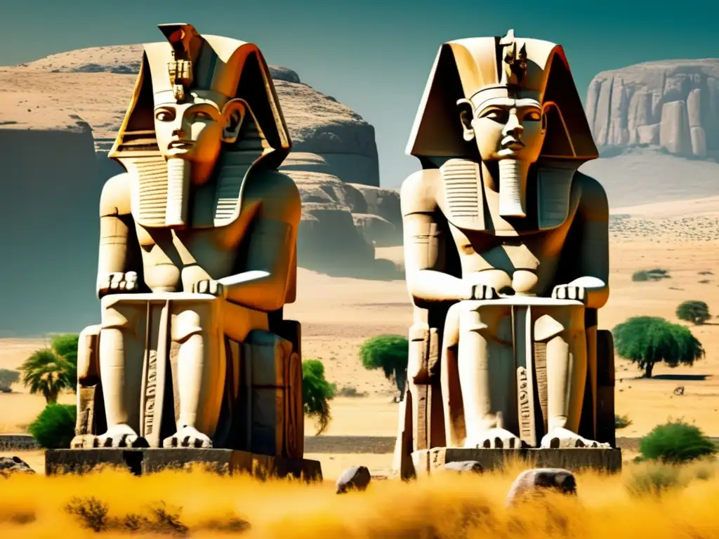 Imponentes estatuas del faraón Amenhotep III, los Colosos de Memnón: guardianes de la necrópolis Tebana, se alzan contra el cielo azul