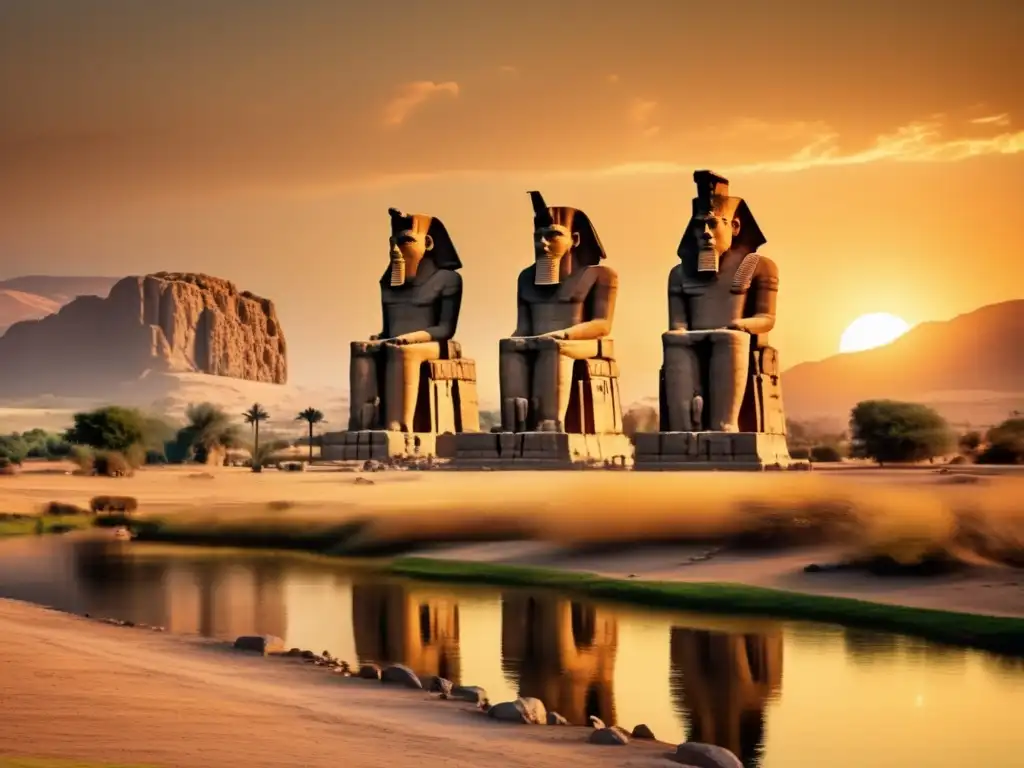 Imponentes estatuas de los Colosos de Memnón emergen en la transición del día a la noche, bañados por el cálido resplandor dorado del atardecer