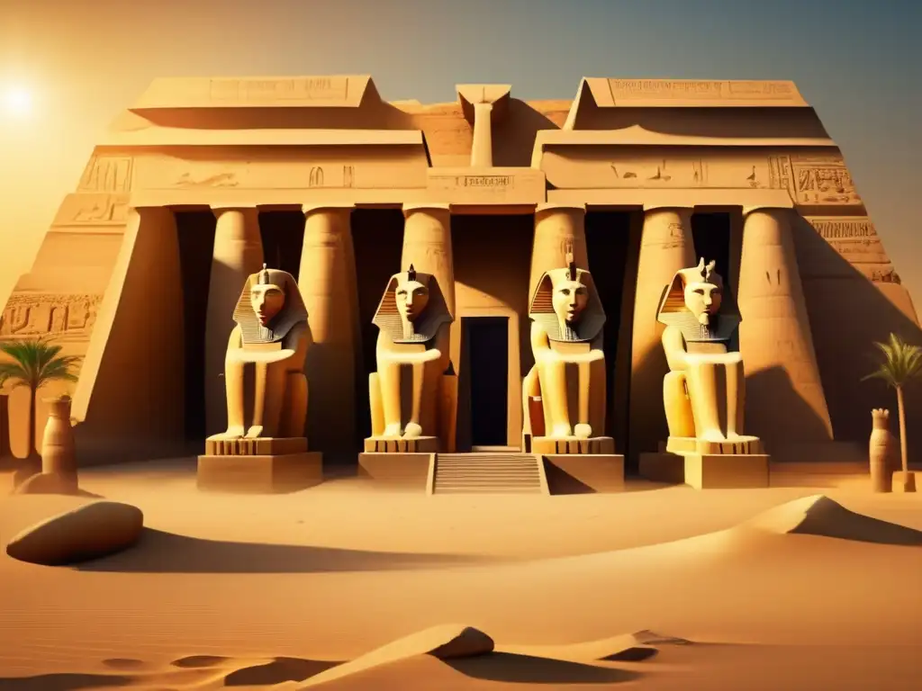 Imponentes estatuas de piedra de Sekhmet, diosa leona, adornan el antiguo templo egipcio