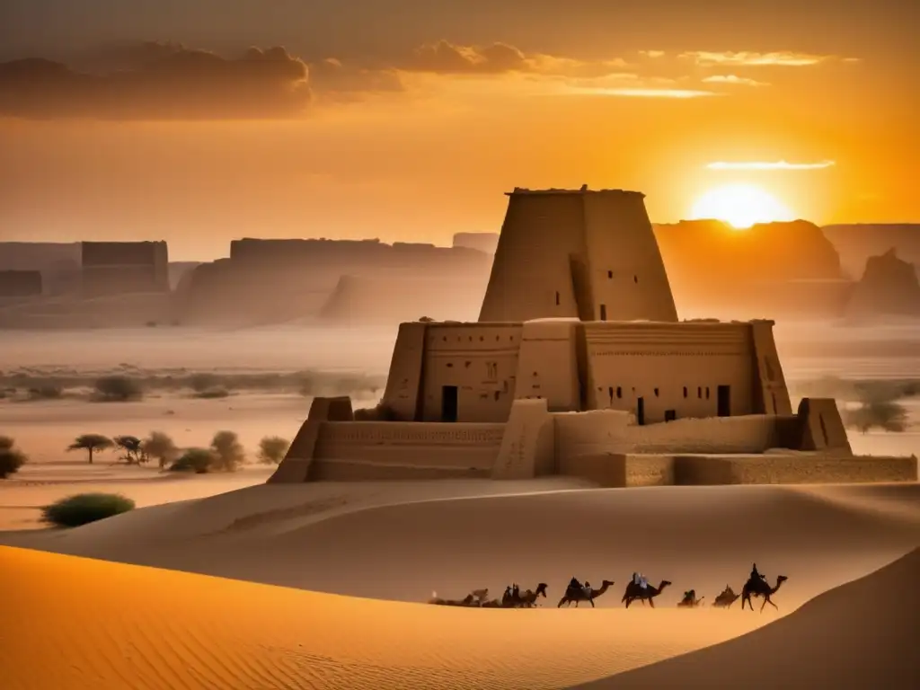 Las imponentes fortificaciones del desierto en Nubia se alzan ante el sol poniente, revelando intrincadas decoraciones y símbolos antiguos