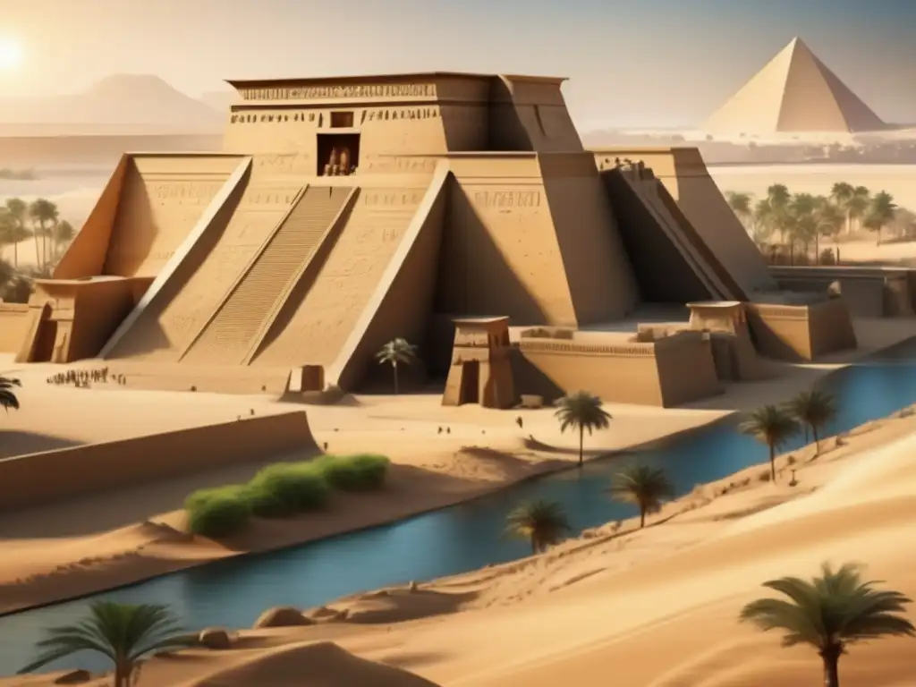 Imponentes fortificaciones egipcias en el Medio Oriente, con majestuosas paredes de piedra adornadas con intrincadas carvings y hieroglíficos