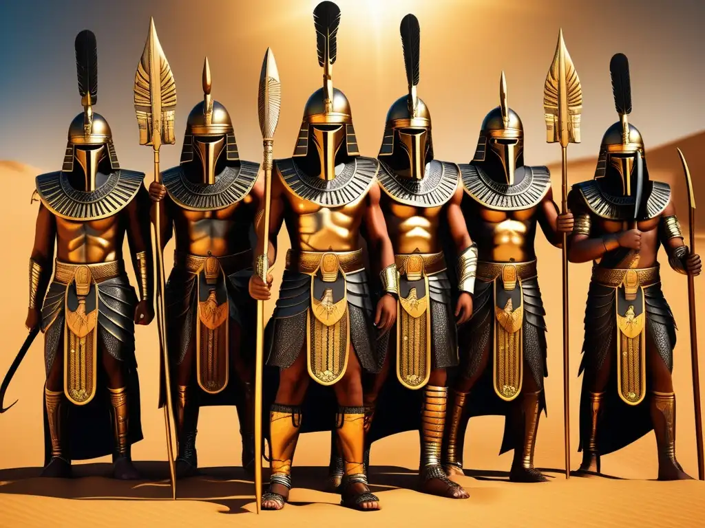 Imponentes guerreros de la XVII Dinastía de Egipto, con armaduras de bronce, cascos de halcón y lanzas en el desierto ardiente
