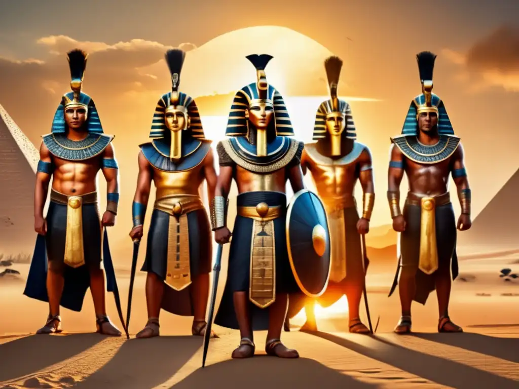 Imponentes guerreros de la XVII Dinastía de Egipto, listos para defender, rodeados de paisaje desértico y las majestuosas pirámides de Giza