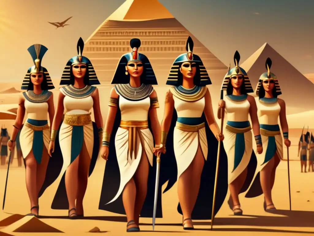 Imponentes mujeres guerreras del Antiguo Egipto, vestidas con armaduras ornamentadas, listas para defender su tierra en el desierto
