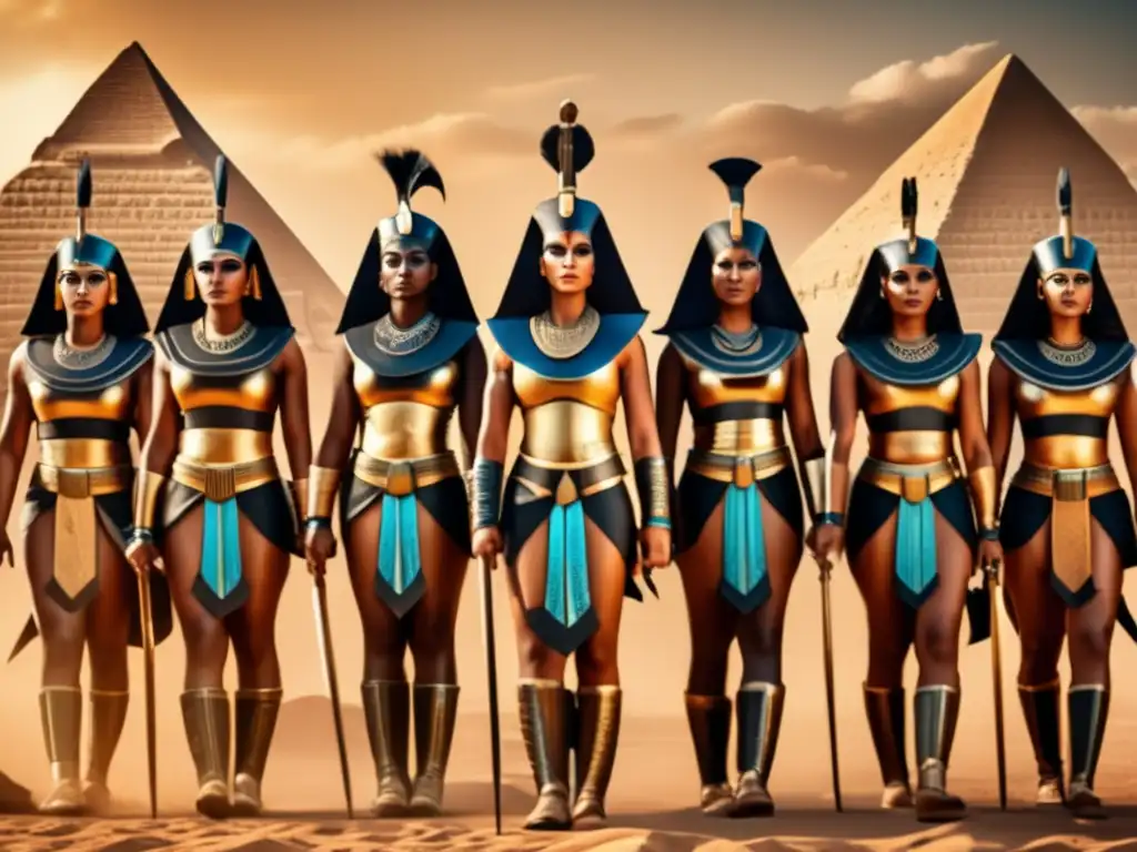 Imponentes mujeres guerreras del Antiguo Egipto en armaduras ornamentadas, portando lanzas y escudos, exhibiendo fortaleza y confianza