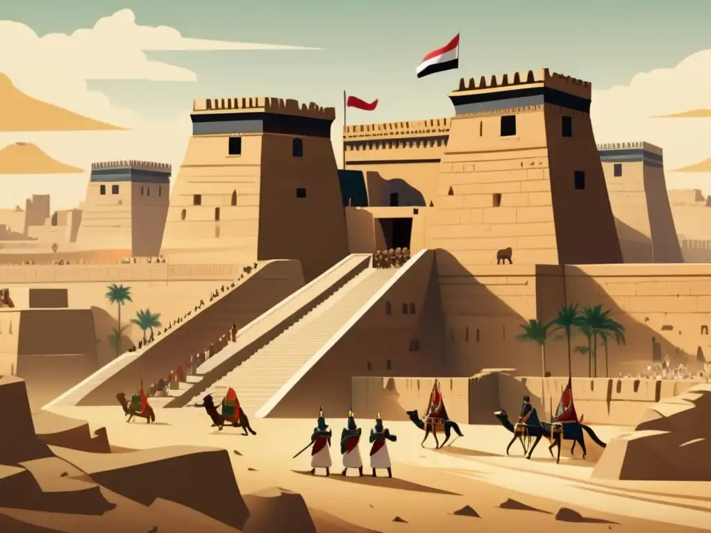 Imponentes murallas fortificadas y sofisticadas, con torres de guardia estratégicas, soldados egipcios y un foso lleno de cocodrilos