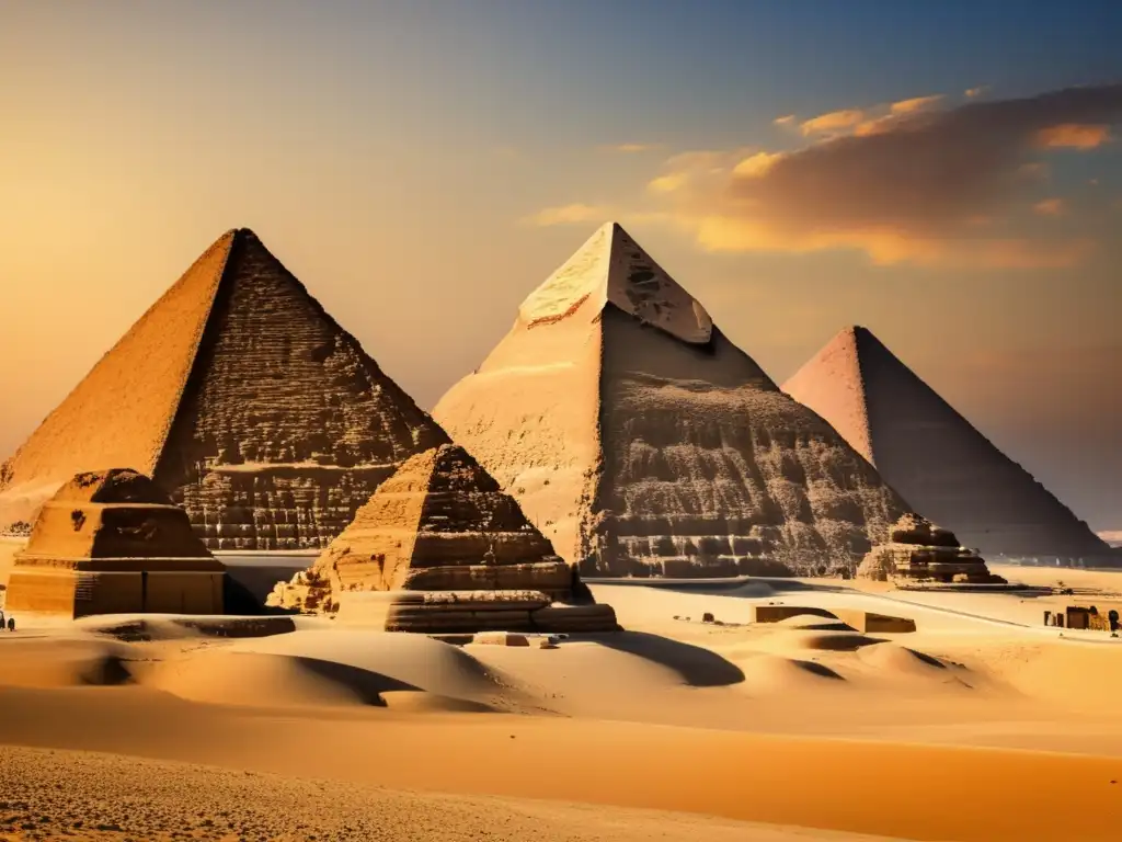 Imponentes Obras públicas faraónicas en Egipto, las majestuosas Pirámides de Giza se alzan contra un cielo azul claro