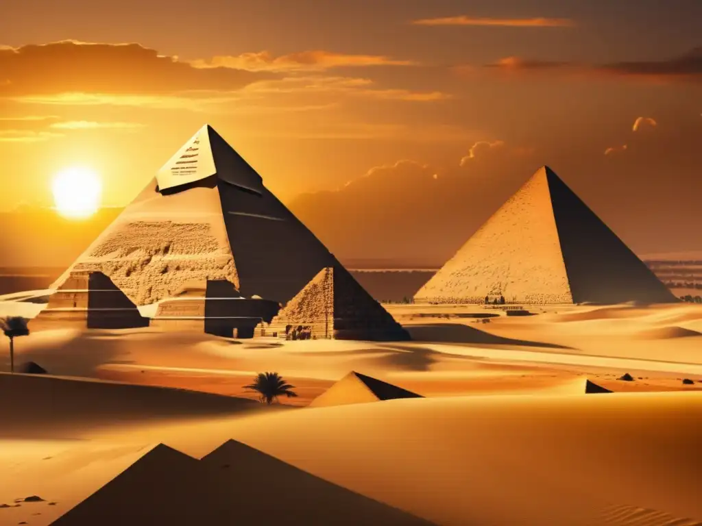 Imponentes pirámides egipcias se alzan contra un atardecer dorado, resaltando la influencia de la arquitectura egipcia en la modernidad