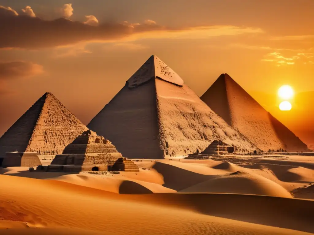 Imponentes pirámides de Giza al atardecer dorado, reflejando la historia y la importancia de fortificaciones en guerras faraónicas de Egipto antiguo