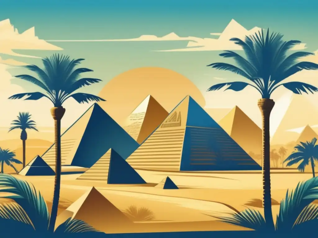 Imponentes pirámides en Giza rodeadas de palmeras y cielo azul