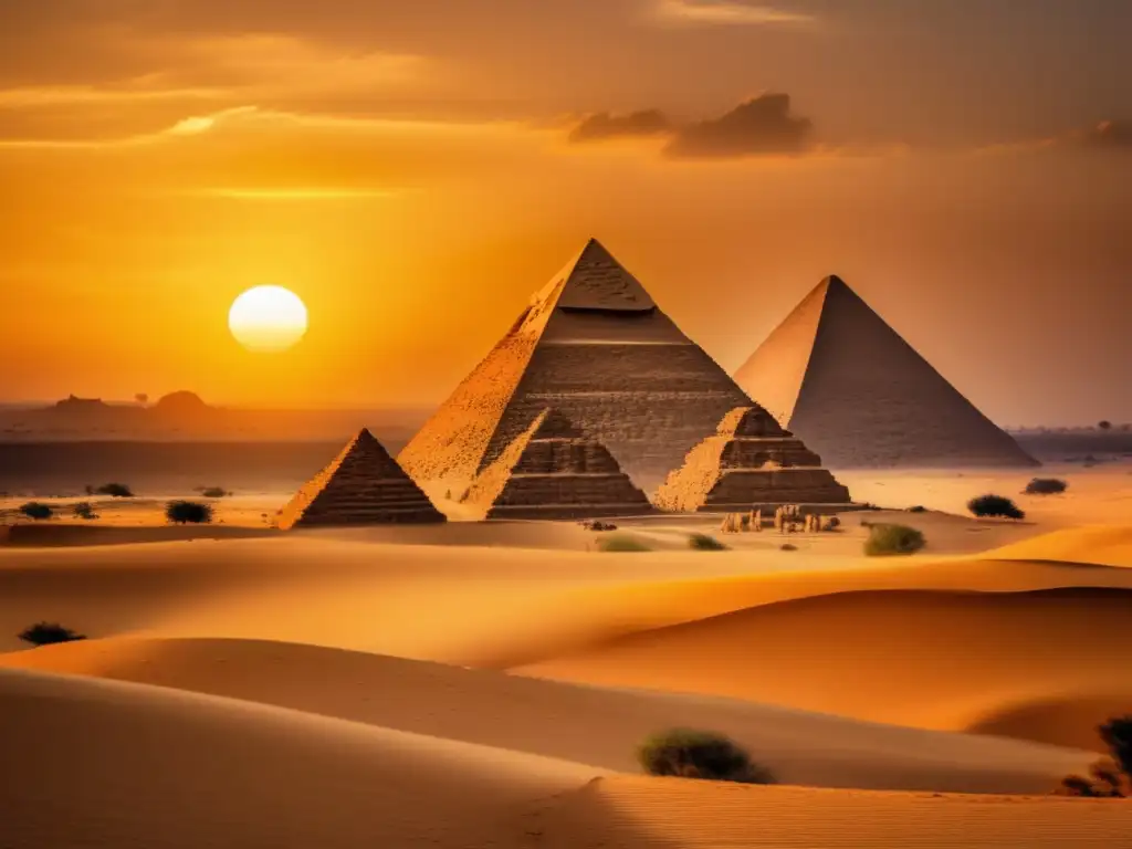 Imponentes pirámides de Meroe se alzan en el desierto, bajo un cálido atardecer dorado
