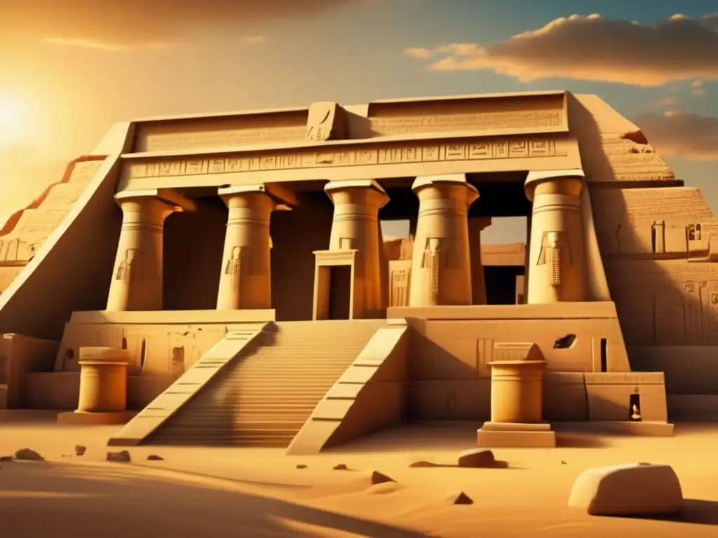 Ruinas doradas: El legado perdido de Siptah Imponentes ruinas del templo egipcio de Siptah, su reinado y ruina capturados en una imagen 8K detallada