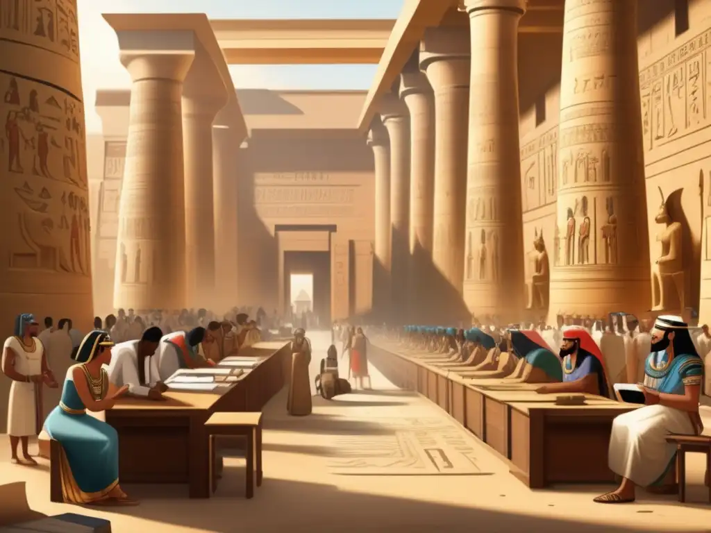 La importancia de los escribas egipcios se revela en una ilustración vintage que muestra un bullicioso escenario en el antiguo Egipto