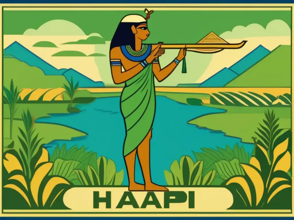 La importancia de Hapi en Egipto: un río Nilo fértil y exuberante, campos verdes y Hapi como dios protector de las cosechas