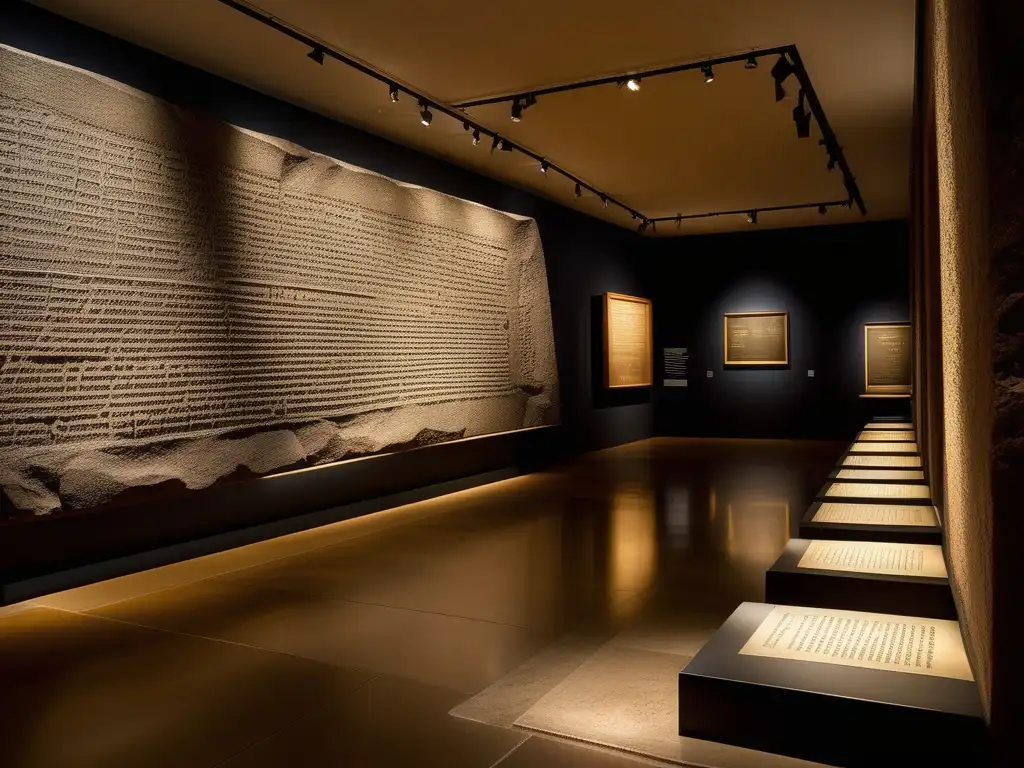 La importancia del Rosetta Stone en Egipto brilla en la penumbra del museo, destacando su inscripciones y textura desgastada