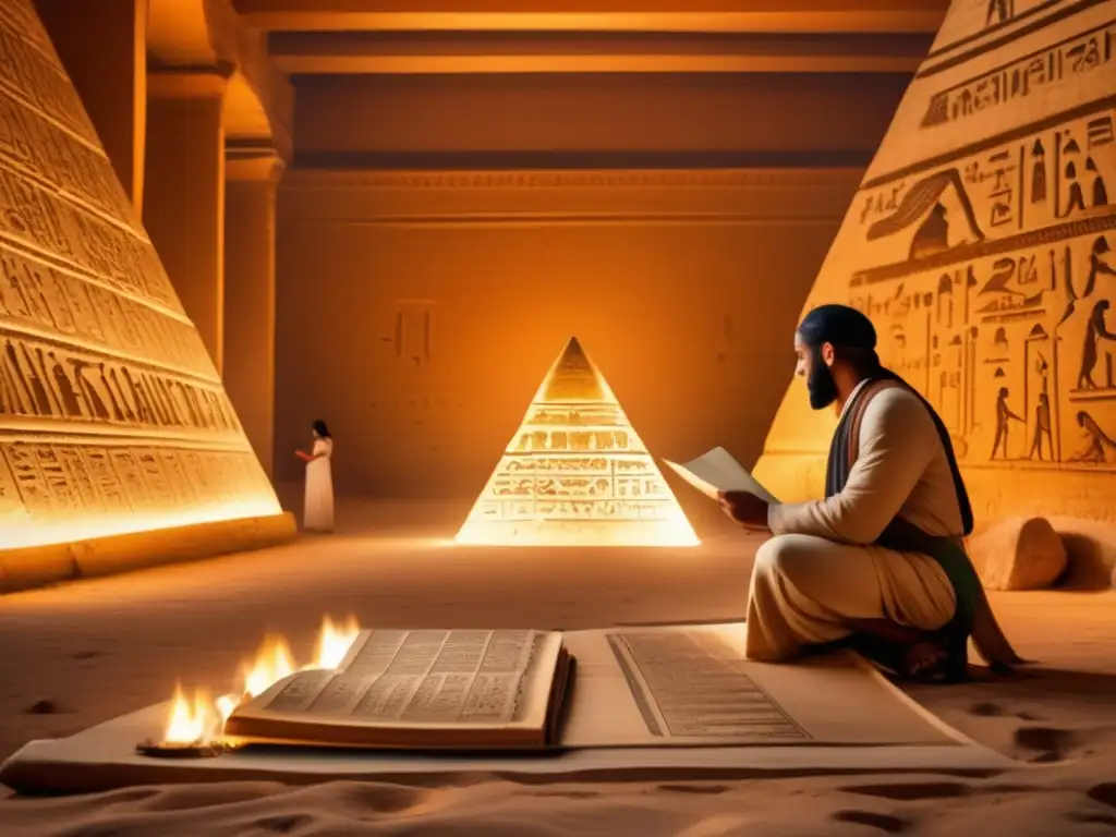 Explorando la importancia de los Textos de las Pirámides en una misteriosa y antigua pirámide egipcia iluminada por antorchas