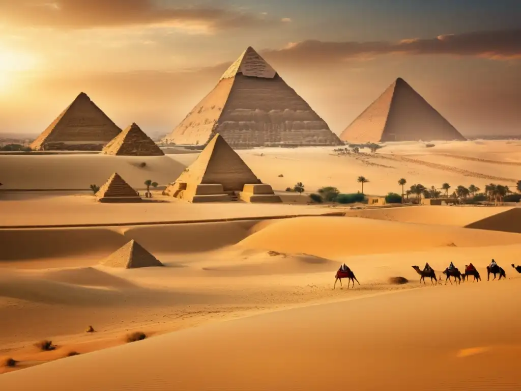 La importancia de las mastabas en Egipto: una vista panorámica del vasto paisaje desértico con la Gran Pirámide de Giza en la distancia