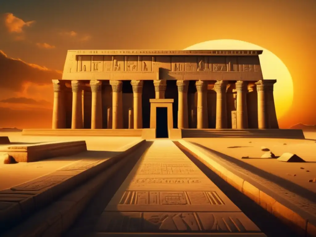 Templo de Dendera al atardecer: una joya dorada de la antigüedad Un impresionante atardecer en el Templo de Dendera, con la luz dorada del sol resaltando las esculturas y las historias de la mitología egipcia
