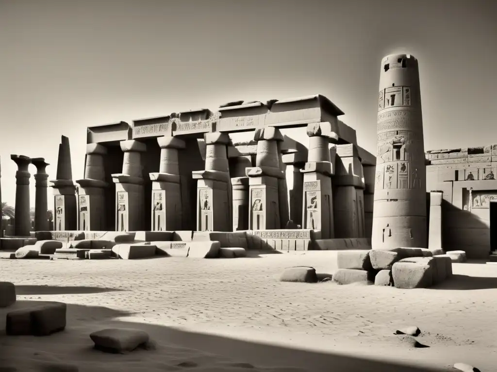 Una impresionante fotografía en blanco y negro captura la esencia de la Estética del Imperio Nuevo en Egipto