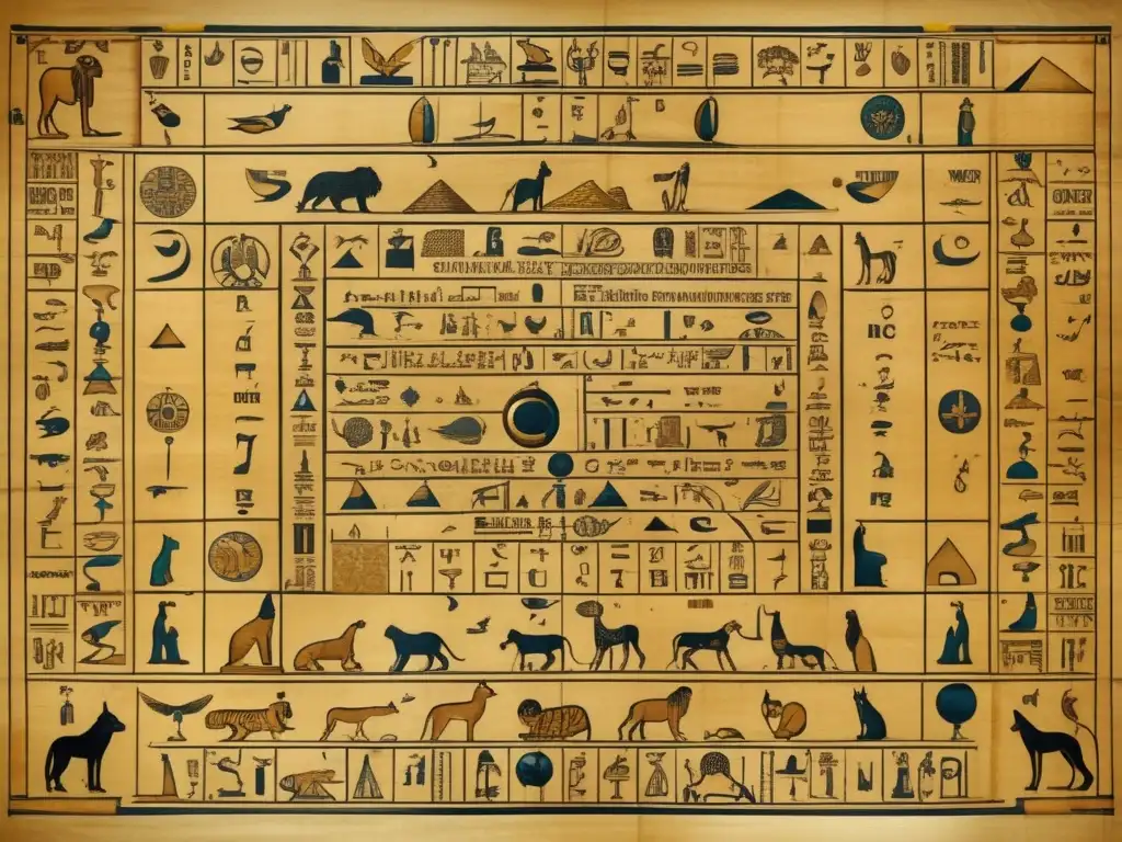 Un impresionante calendario astronómico egipcio antiguo en 8k, dibujado a mano en papiro, con tonos amarillos terrosos y jeroglíficos intrincados