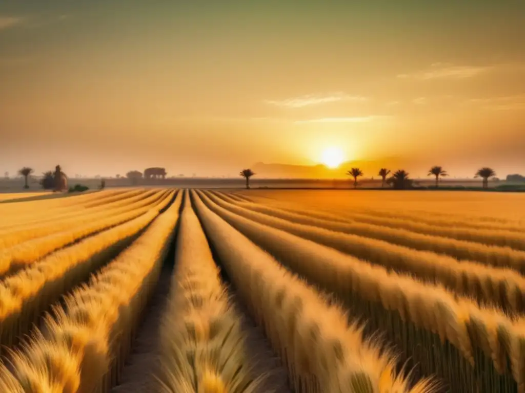 Un impresionante campo de trigo egipcio antiguo bañado en cálida luz dorada