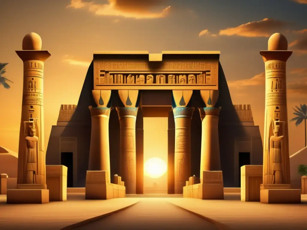Un impresionante complejo de templos en el antiguo Egipto se alza majestuosamente desde la oscuridad
