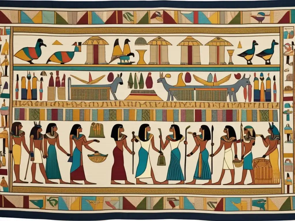 Una impresionante y detallada imagen en 8k de un magnífico tapiz antiguo egipcio adorna la escena