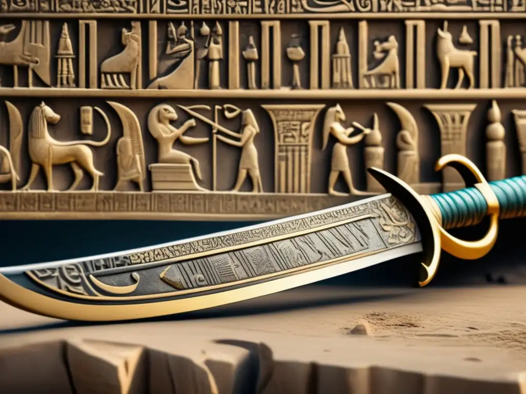 Un impresionante 8k detalle de una espada Khopesh egipcia vintage se muestra contra un fondo de jeroglíficos antiguos tallados en piedra
