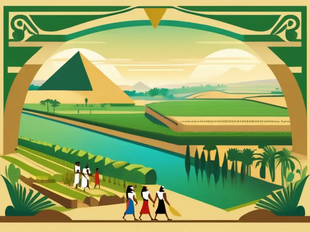 Un impresionante dibujo vintage que muestra una escena agrícola del antiguo Egipto