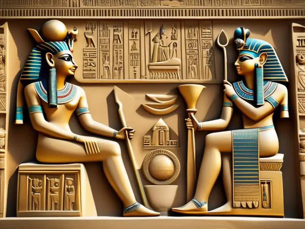 Una impresionante escultura de bajorrelieve egipcia que muestra a Ra, el poderoso dios, en un trono adornado