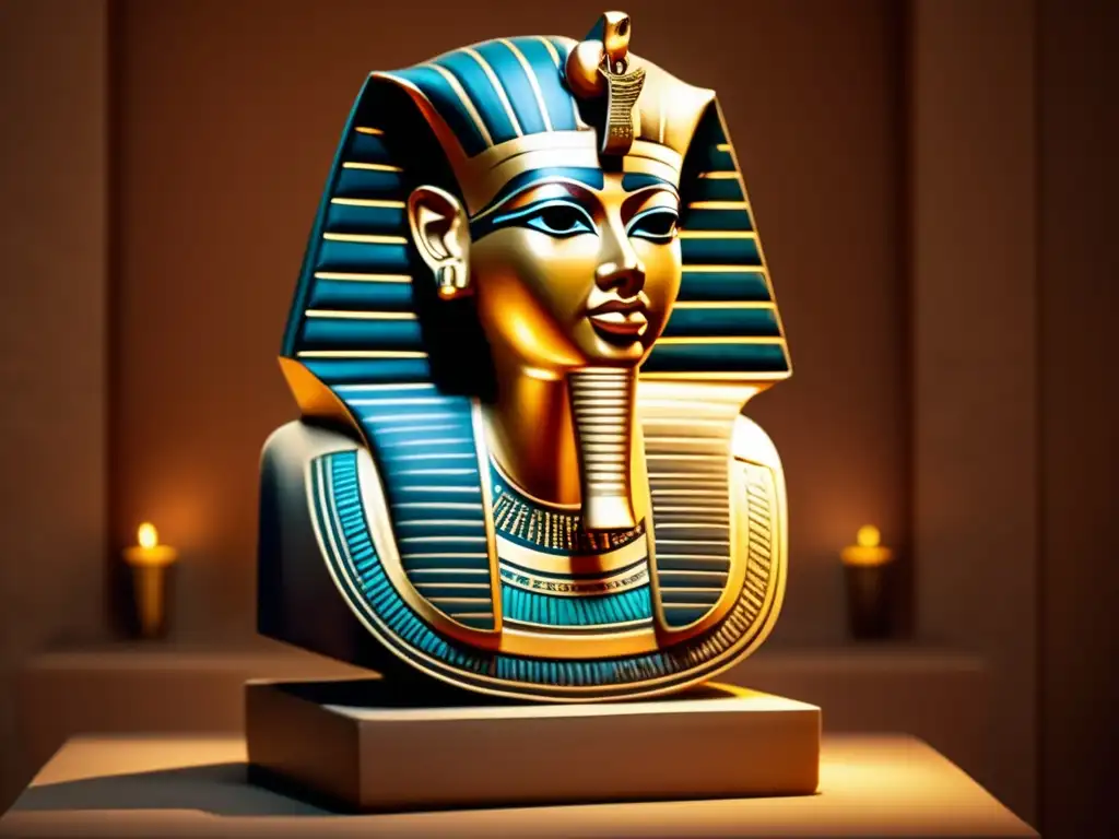Una impresionante estatua del antiguo Egipto, con detalles intrincados y hieroglíficos, iluminada suavemente en una habitación tenue
