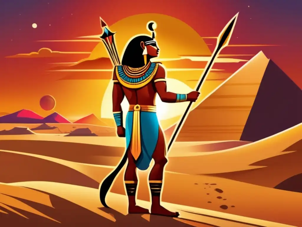Un impresionante guerrero del Antiguo Egipto sostiene una jabalina en medio de las doradas arenas del desierto
