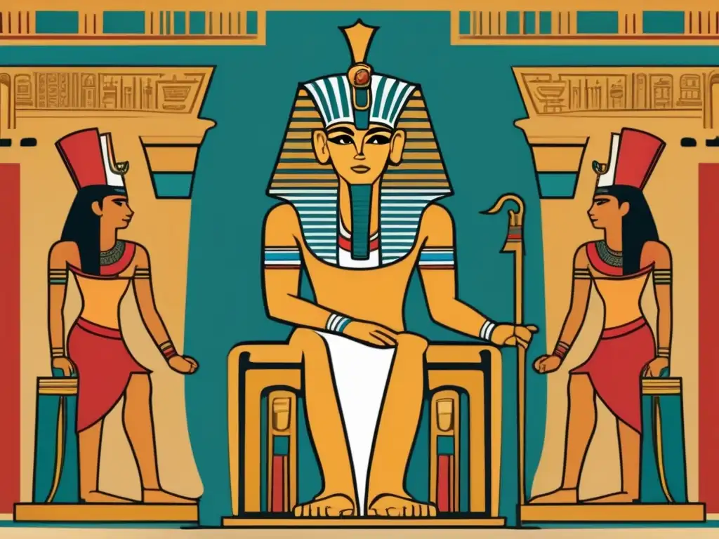 Un impresionante ilustración de estilo vintage que muestra a un antiguo faraón egipcio sentado en un trono majestuoso