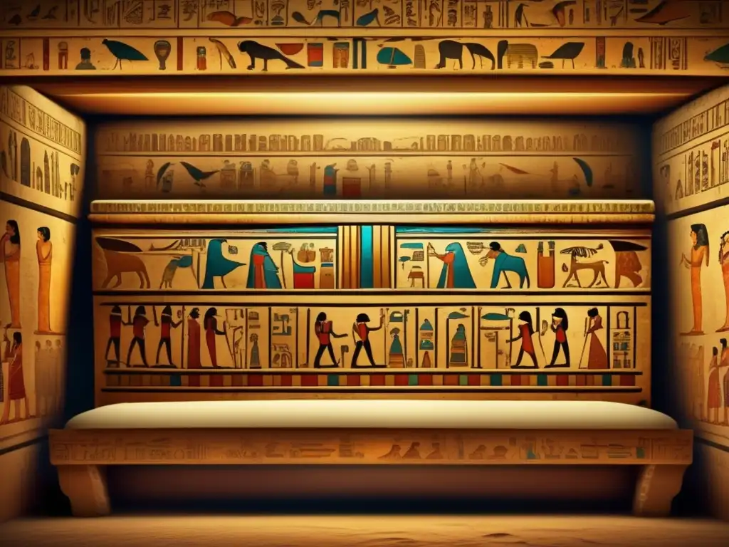 Una impresionante imagen en alta resolución estilo vintage que muestra una antigua tumba egipcia adornada con intrincados jeroglíficos y murales