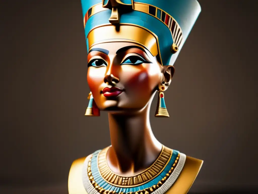 Una impresionante imagen en alta resolución de una réplica vintage del icónico busto de Nefertiti, la reina egipcia antigua