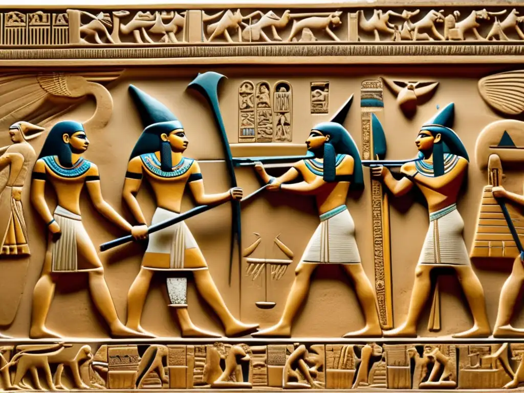 Una impresionante imagen en 8k que muestra una antigua representación egipcia en relieve de una escena de batalla y festividad
